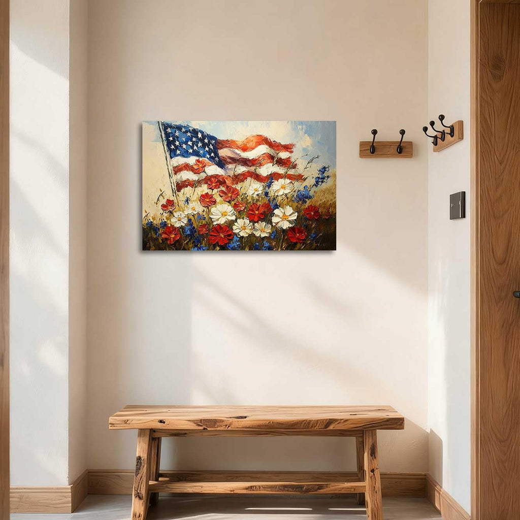 Rustic Floral American Flag Canvas Wall Art