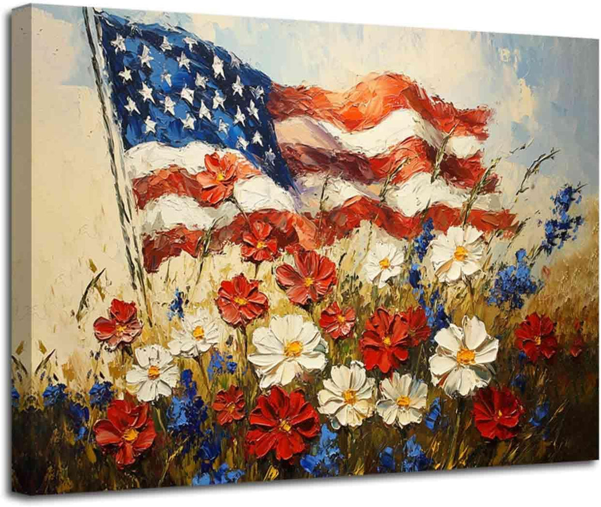 Rustic Floral American Flag Canvas Wall Art