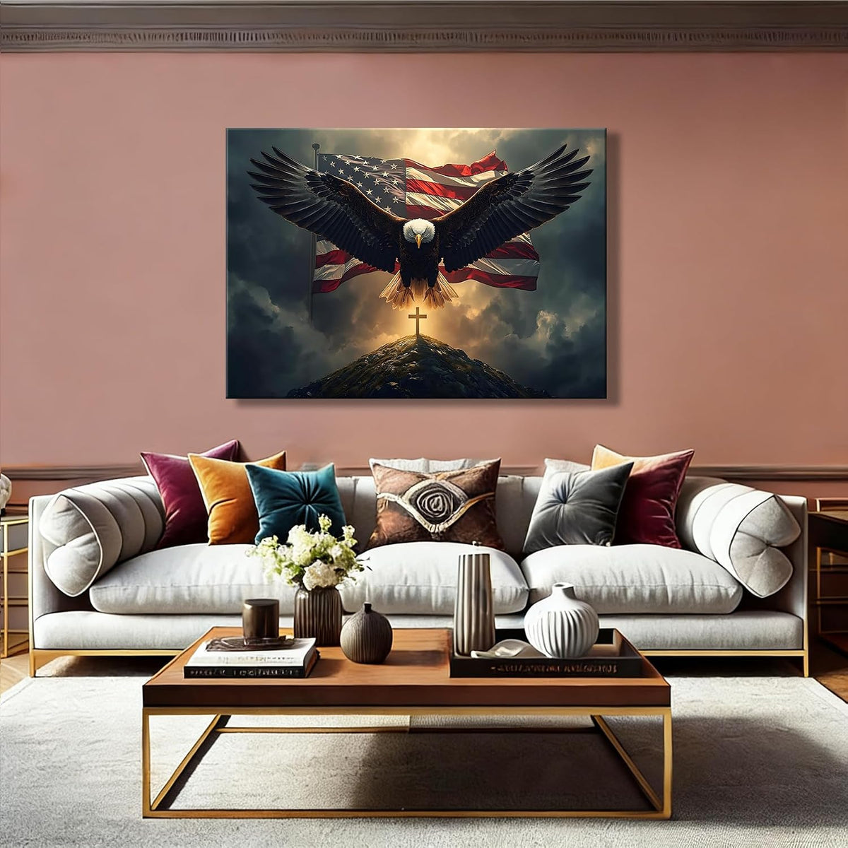 Patriotic Eagle Cross Framed Canvas Wall Art