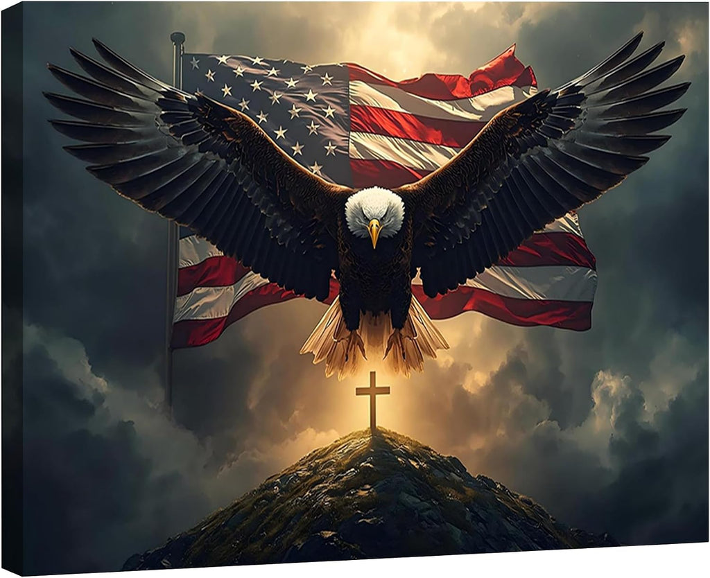 Patriotic Eagle Cross Framed Canvas Wall Art