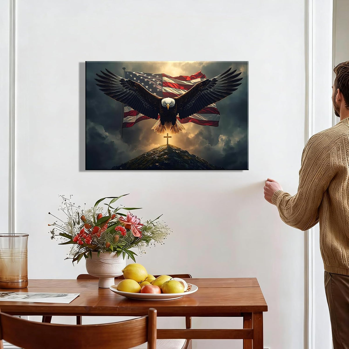 Patriotic Eagle Cross Framed Canvas Wall Art