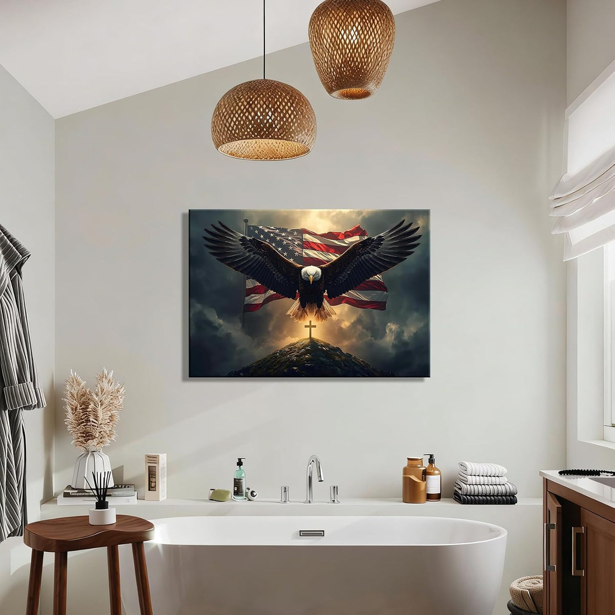 Patriotic Eagle Cross Framed Canvas Wall Art