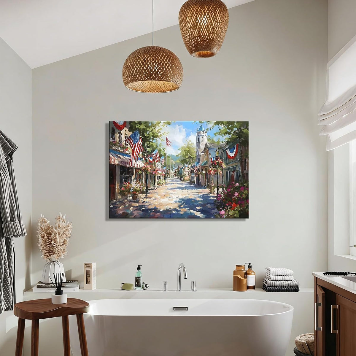 Rustic Patriotic Town Framed Canvas Wall Art