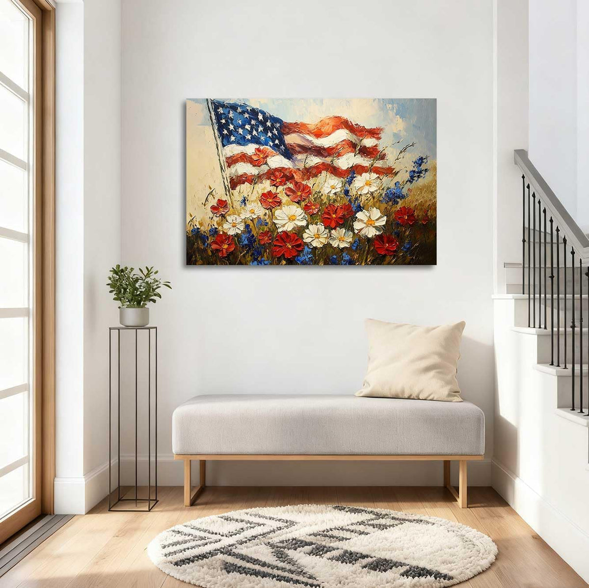 Rustic Floral American Flag Canvas Wall Art