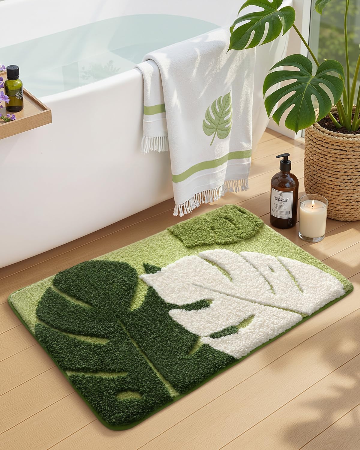 Leaf‑Pattern Plush Non‑Slip Bath Rug