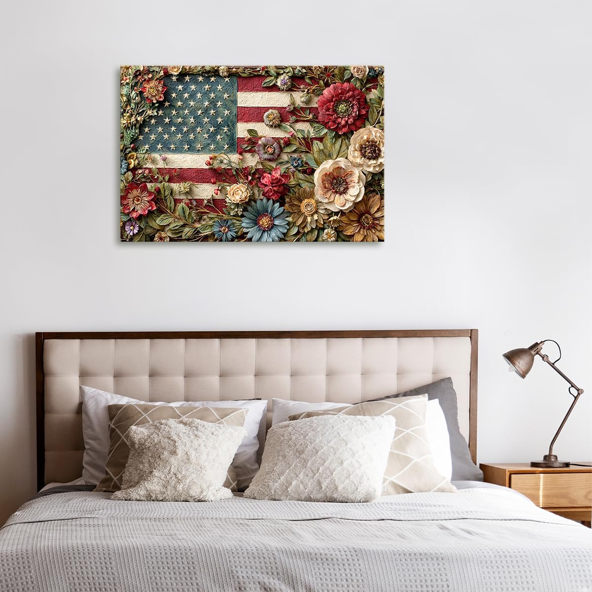 Rustic Floral American Flag Canvas Wall Art