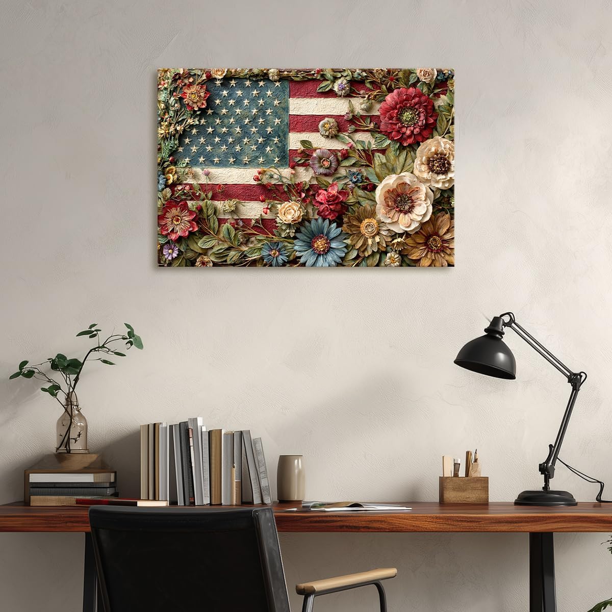 Rustic Floral American Flag Canvas Wall Art