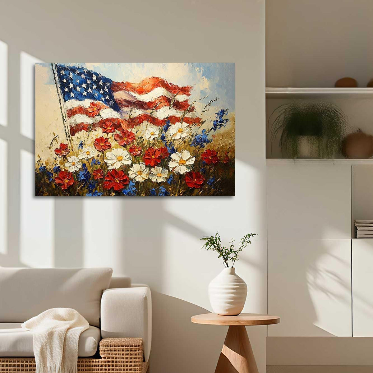 Rustic Floral American Flag Canvas Wall Art