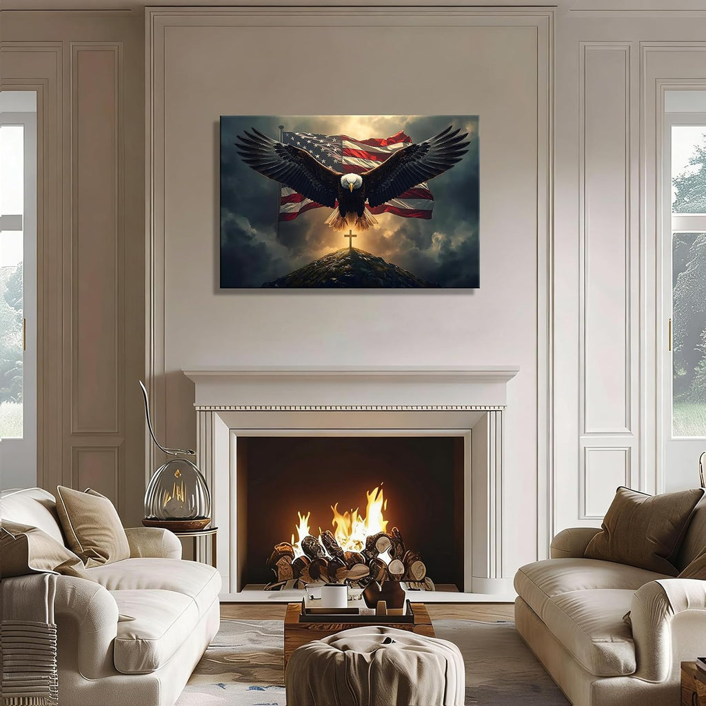 Patriotic Eagle Cross Framed Canvas Wall Art