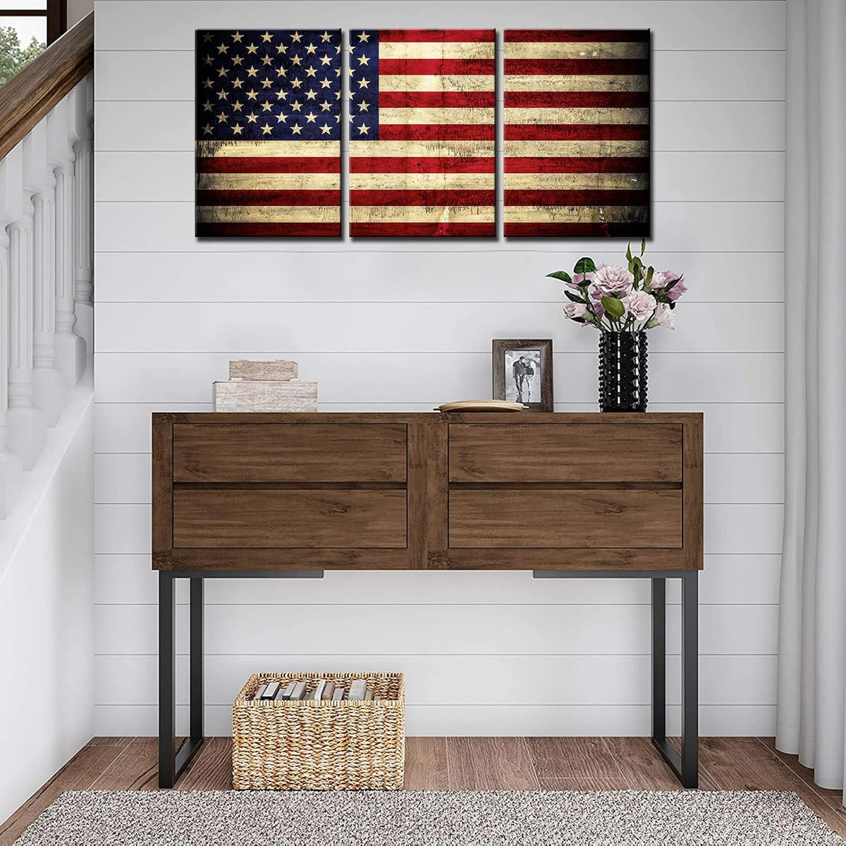 Retro American Flag Framed Canvas Wall Art