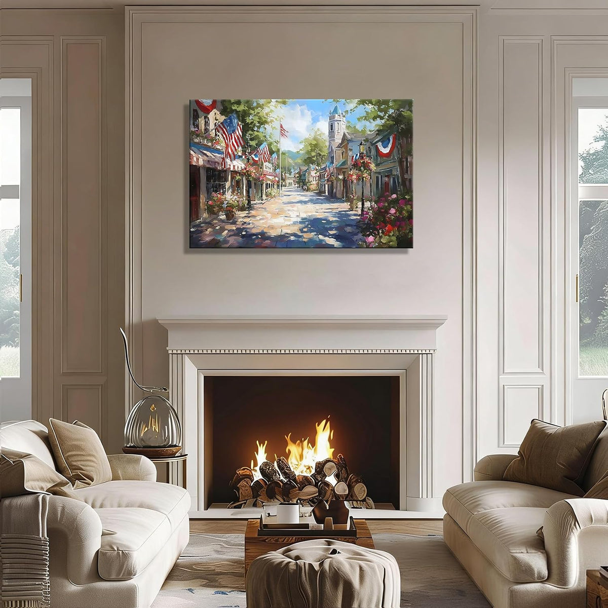 Rustic Patriotic Town Framed Canvas Wall Art
