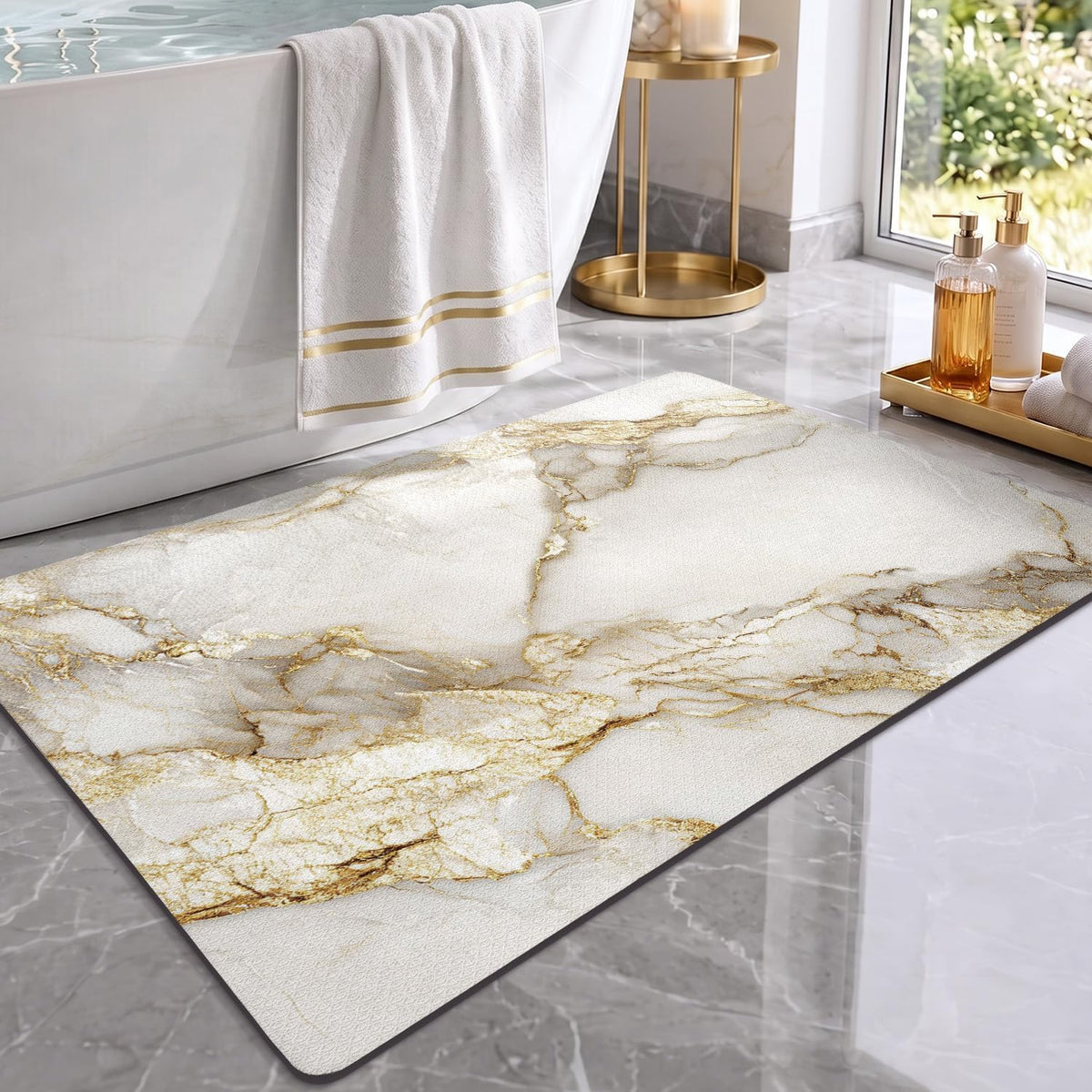 Marble‑Pattern Quick‑Dry Non‑Slip Bath Rug