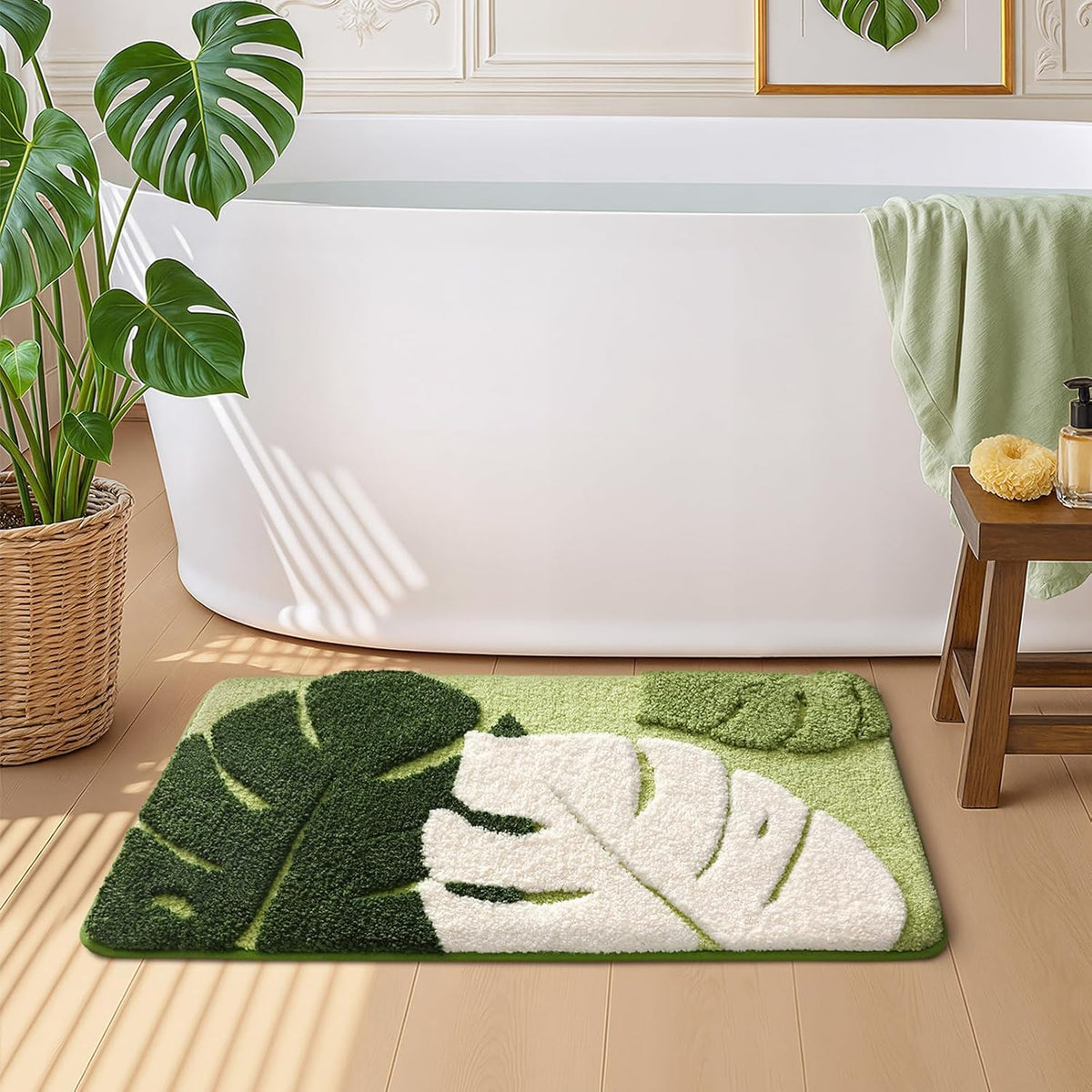 Leaf‑Pattern Plush Non‑Slip Bath Rug