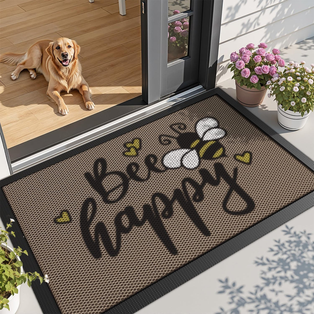 Bee Happy Rubber Non‑Slip Welcome Doormat
