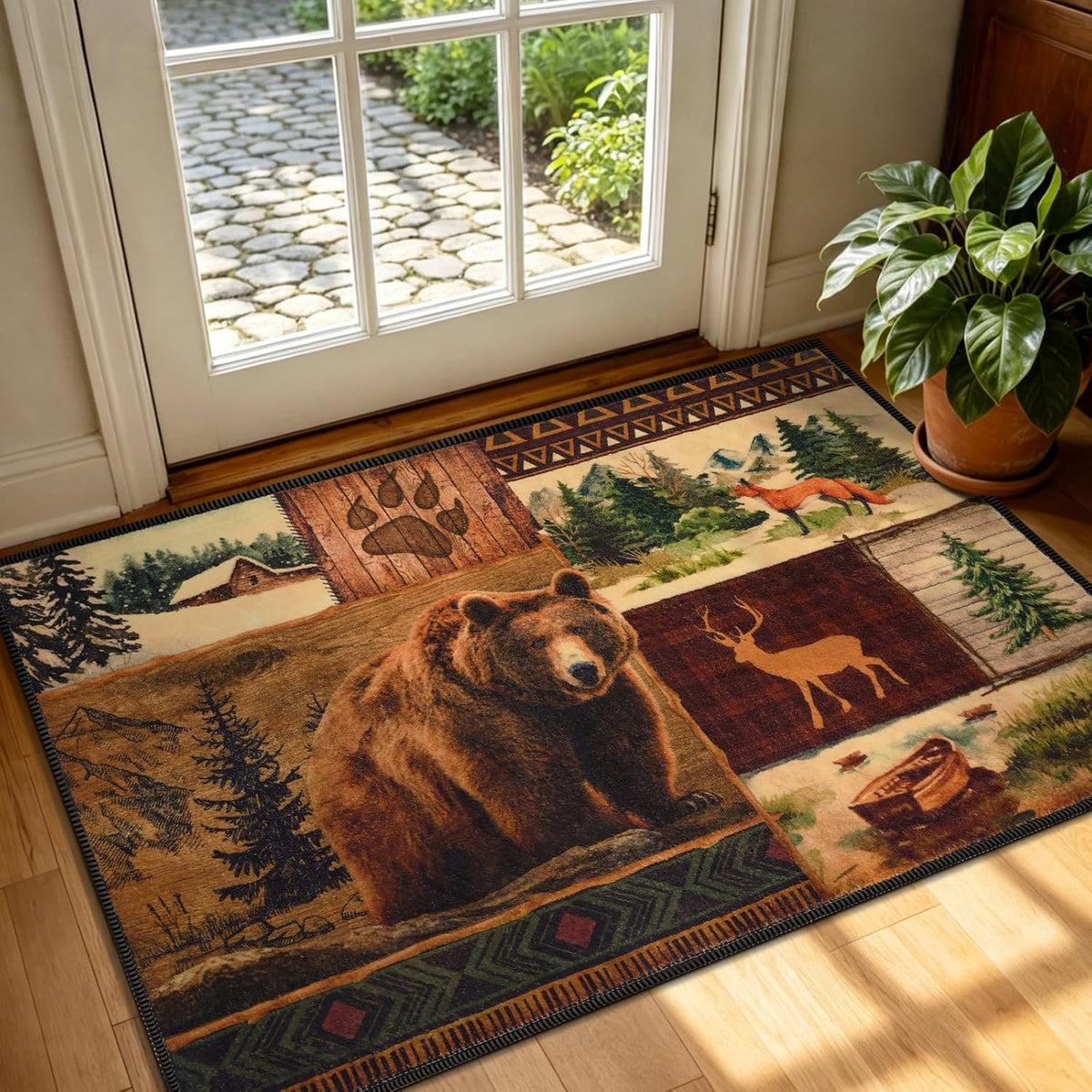 Rustic Wildlife Plaid Washable Entry Rug