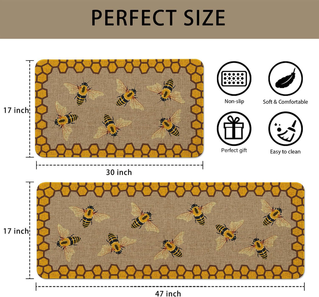 Farmhouse Bee 2‑Piece Non‑Slip Washable Kitchen Rug Set