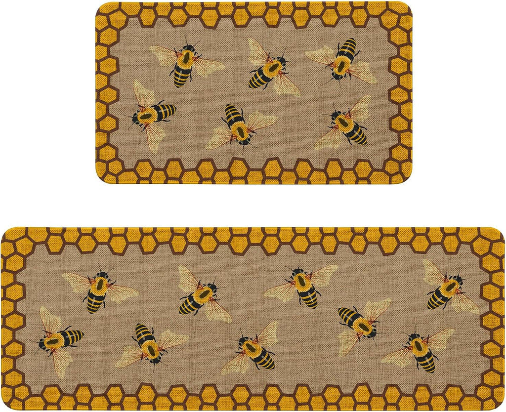 Farmhouse Bee 2‑Piece Non‑Slip Washable Kitchen Rug Set