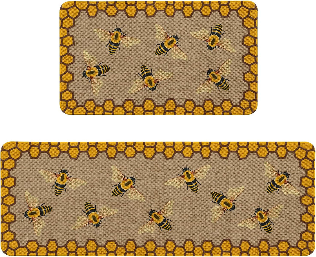 Farmhouse Bee 2‑Piece Non‑Slip Washable Kitchen Rug Set