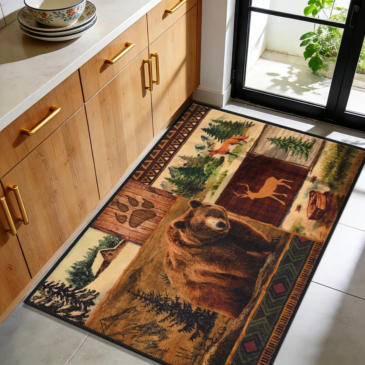 Rustic Wildlife Plaid Washable Entry Rug