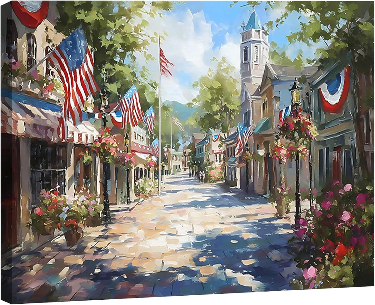 Rustic Patriotic Town Framed Canvas Wall Art