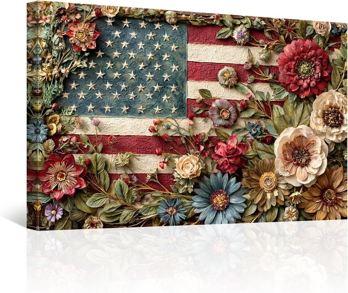 Rustic Floral American Flag Canvas Wall Art