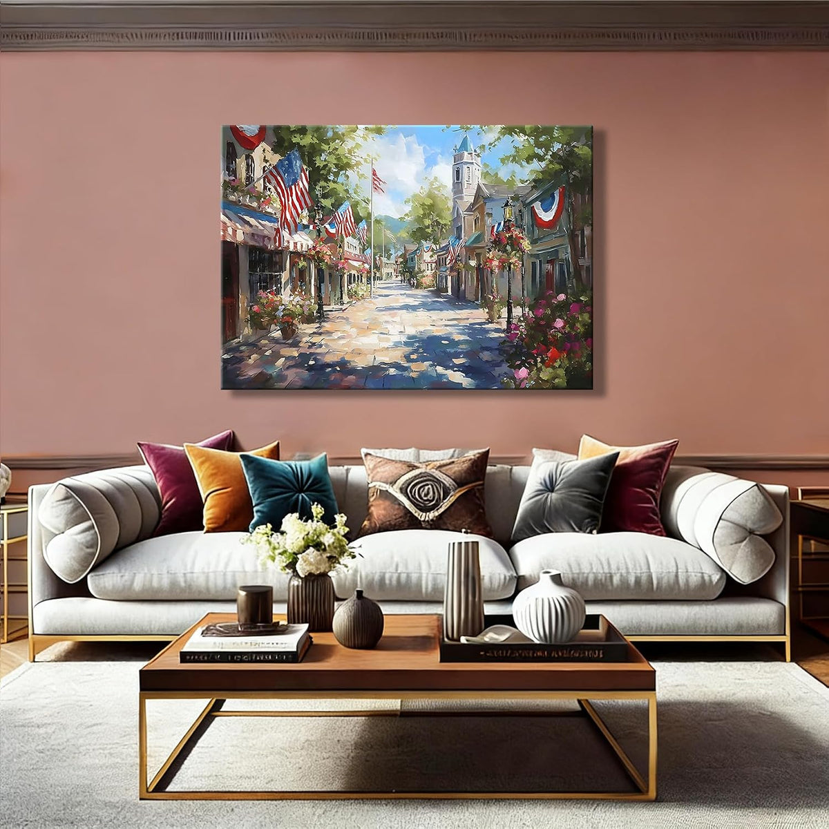 Rustic Patriotic Town Framed Canvas Wall Art