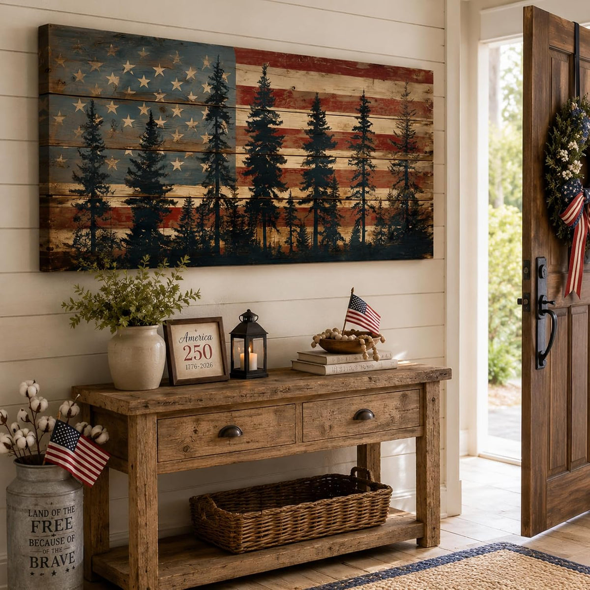 Rustic Forest American Flag Canvas Wall Art