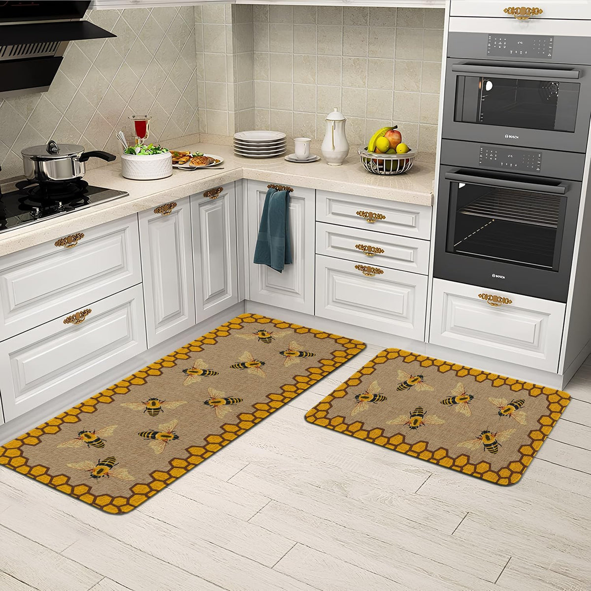 Farmhouse Bee 2‑Piece Non‑Slip Washable Kitchen Rug Set