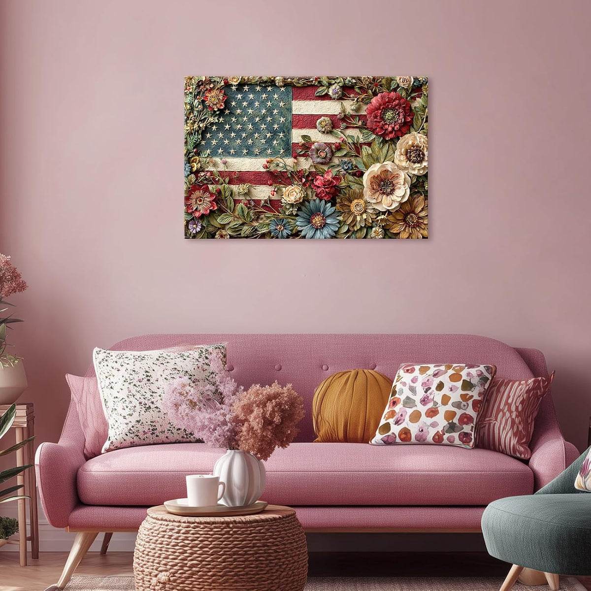 Rustic Floral American Flag Canvas Wall Art