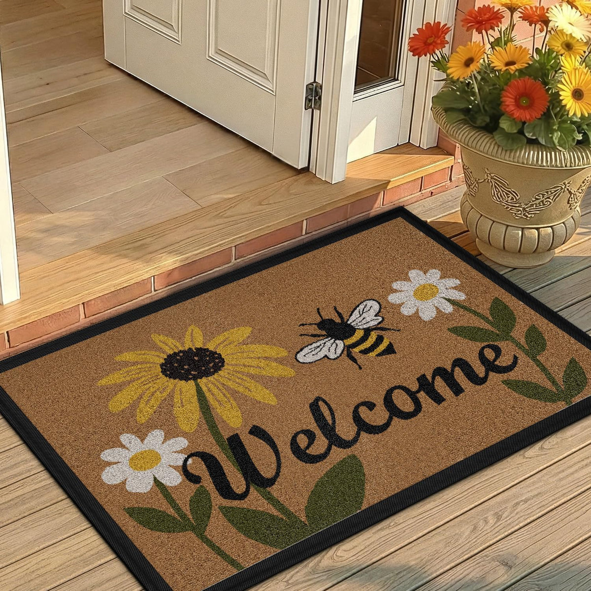Bee & Flower Heavy‑Duty Welcome Doormat